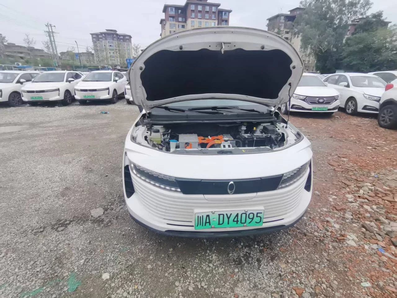 White electric vehicle photographed from the front three-quarter angle